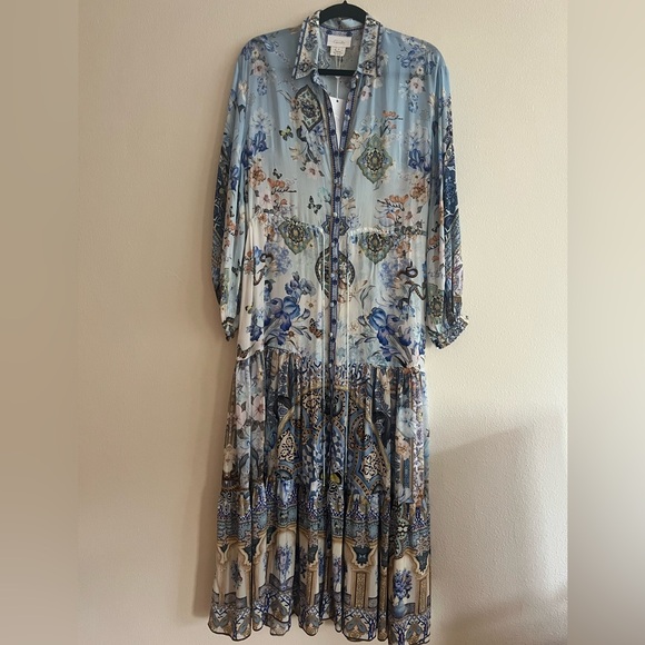NWT Camilla Floral Silk Tiered Midi Shirtdress Size XS crystals blue - Picture 10 of 15
